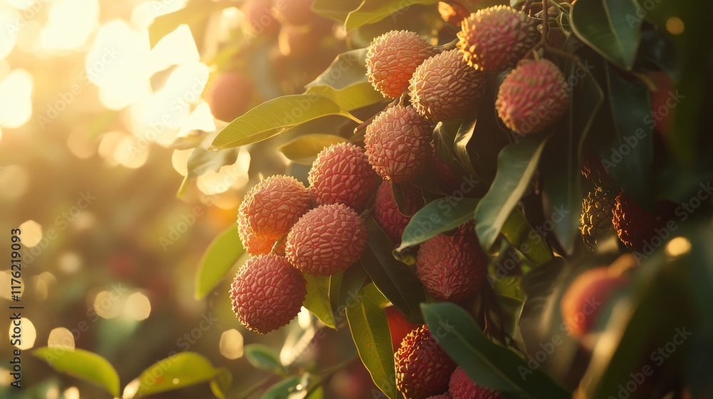 52.Close-up of ripe lychee bunches on a tree, displaying rough, textured red skin and vivid green leaves, with warm sunlight filtering through the foliage in a lush garden, highlighting the fruits’ 52.Close-up of ripe lychee bunches on a tree, displaying rough, textured red skin and vivid green leaves, with warm sunlight filtering through the foliage in a lush garden, highlighting the fruits’