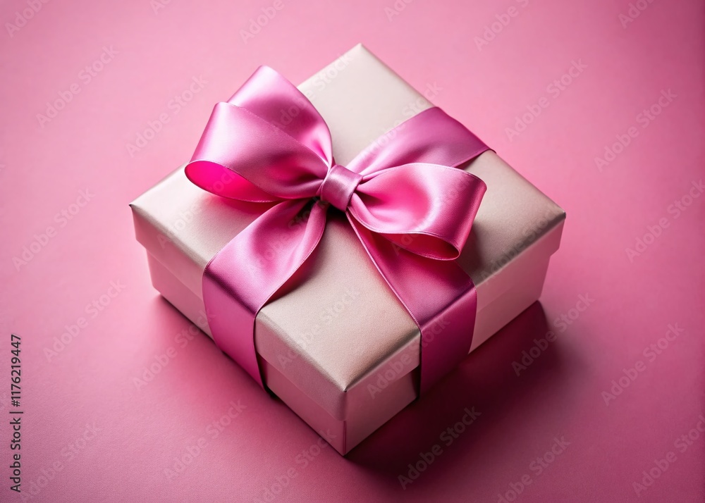 Elegant Pink Gift Box with Satin Ribbon Bow - Minimalist Celebration Stock Photo Elegant Pink Gift Box with Satin Ribbon Bow - Minimalist Celebration Stock Photo