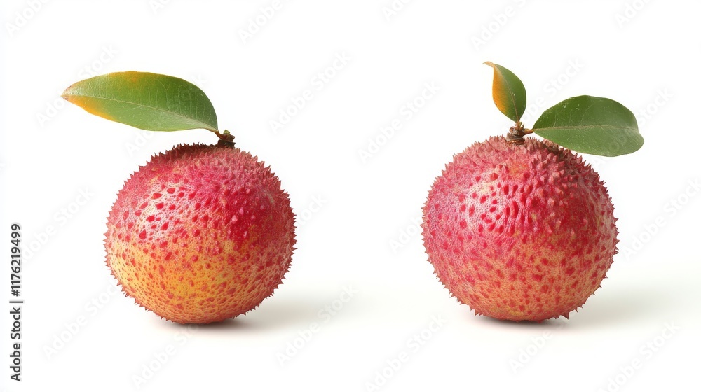 26.Close-up of two fresh lychee fruits, one whole with bright red textured skin and vibrant green leaves, the other sliced in half revealing glossy white flesh and a dark brown pit, isolated on a 26.Close-up of two fresh lychee fruits, one whole with bright red textured skin and vibrant green leaves, the other sliced in half revealing glossy white flesh and a dark brown pit, isolated on a