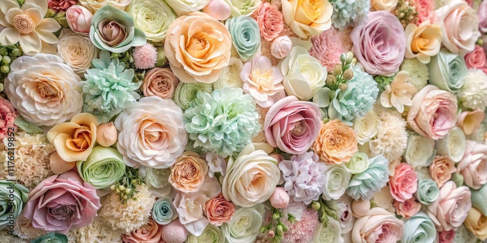 A beautiful, intricately designed artificial flower wall with a vintage flair, featuring delicate petals and subtle color palette in soft pastels, luxury interior design, elegant decor A beautiful, intricately designed artificial flower wall with a vintage flair, featuring delicate petals and subtle color palette in soft pastels, luxury interior design, elegant decor