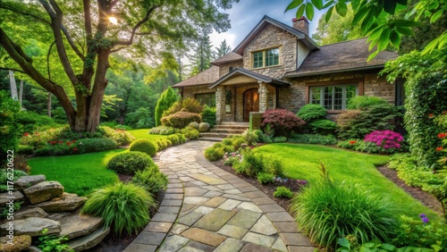 A serene house with a lush green garden and a meandering stone path leading to the front door