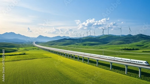 High-Speed Train Travels Through Lush Green Landscape with Wind Turbines and Mountains in Background
