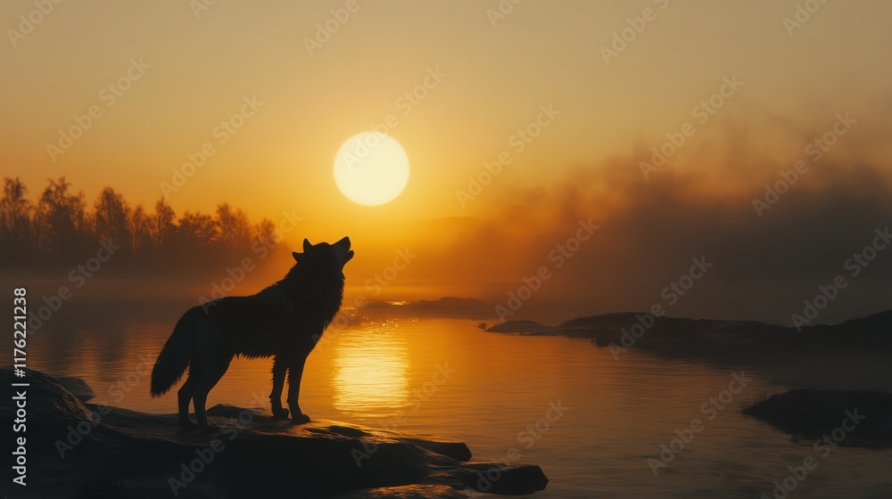 Wolf howling on a rocky riverbank against vibrant sunrise with golden light reflecting on water and misty forest silhouette creating tranquil wilderness scenery. Wolf howling on a rocky riverbank against vibrant sunrise with golden light reflecting on water and misty forest silhouette creating tranquil wilderness scenery.