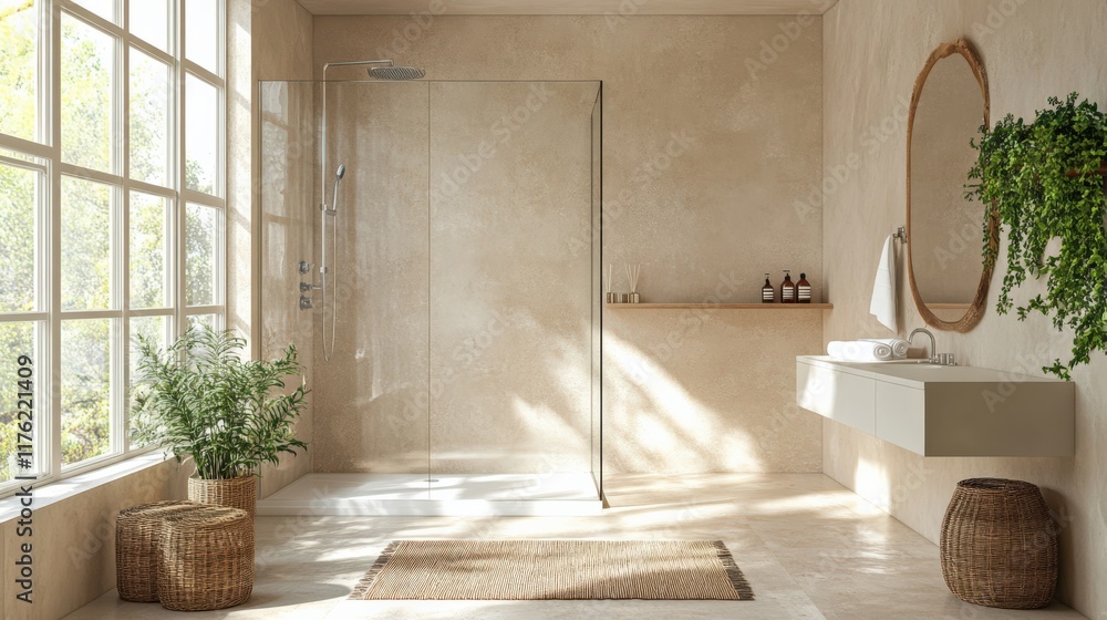 Fototapeta premium A bathroom with a large mirror and a glass shower stall