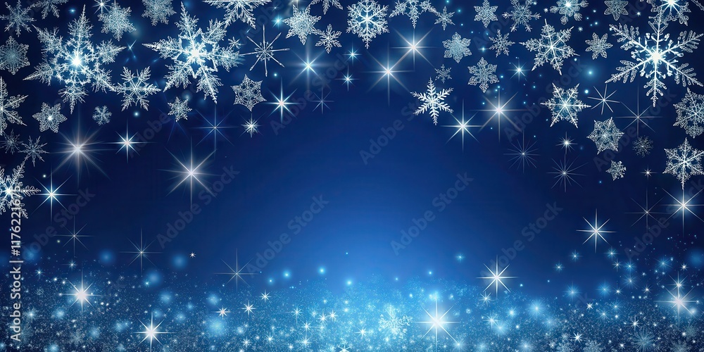 Obraz premium Delicate snowflakes gently fall onto a dark blue sky with twinkling stars, forming an intricate border , night sky