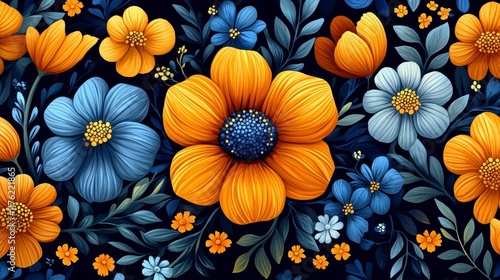 Wallpaper Mural Vibrant orange and blue floral design. Torontodigital.ca