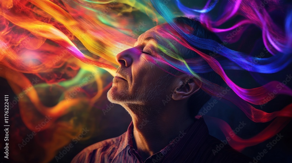 Artistic Portrait of Middle-Aged Person Surrounded by Colorful Swirling Waves of Light and Colorful Smoke in a Dreamy Atmosphere Artistic Portrait of Middle-Aged Person Surrounded by Colorful Swirling Waves of Light and Colorful Smoke in a Dreamy Atmosphere