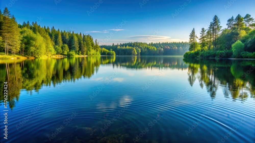 A serene lake with crystal clear water ripples on its surface, reflecting the surrounding trees and sky, in the early morning light , reflection, morning light A serene lake with crystal clear water ripples on its surface, reflecting the surrounding trees and sky, in the early morning light , reflection, morning light