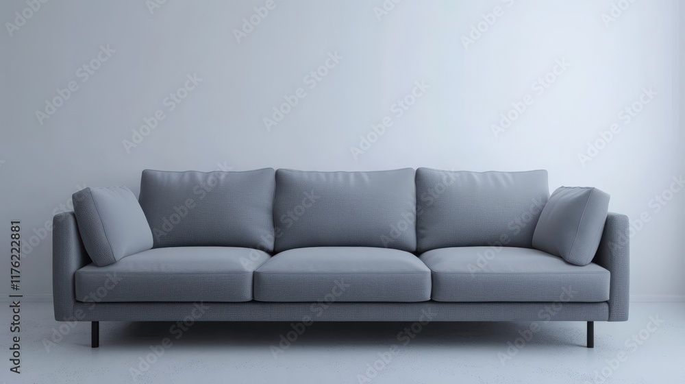 Fototapeta premium A gray couch with three cushions sits in a white room