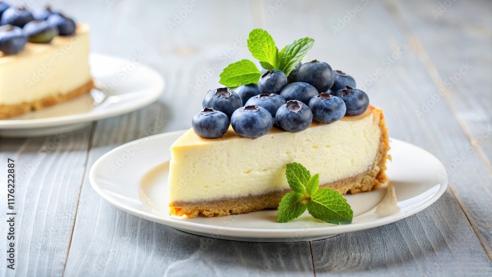 Fresh blueberries on a slice of creamy cheesecake atop a white plate garnished with a few fresh mint leaves , sweet, dessert Fresh blueberries on a slice of creamy cheesecake atop a white plate garnished with a few fresh mint leaves , sweet, dessert