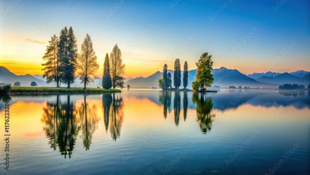 Obraz premium serene lake scene with cypress trees reflected in water's surface at dawn