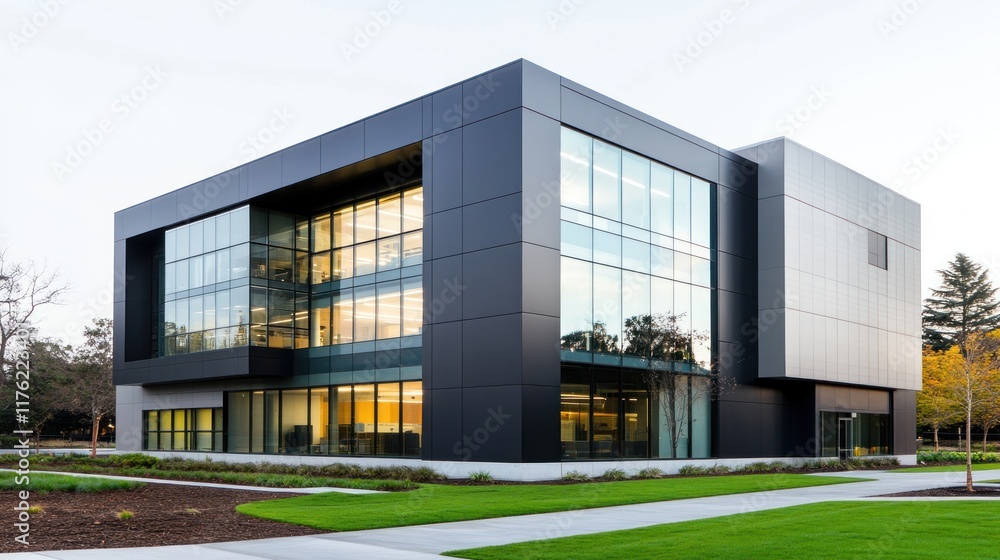Modern architectural building with large glass windows and greenery. Modern architectural building with large glass windows and greenery.