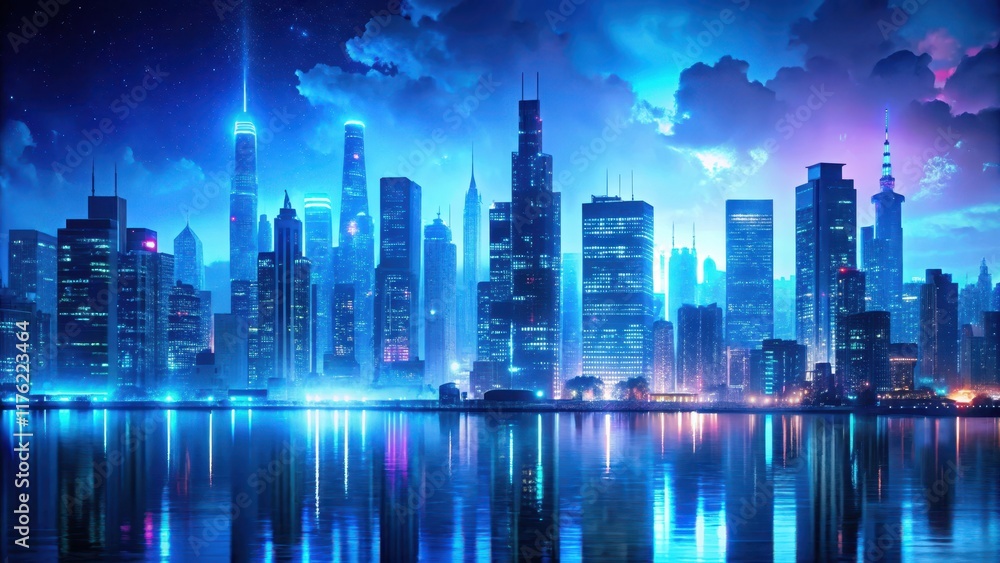 Dreamy blue glow of a neon cityscape at dusk, cityscape, evening atmosphere, cityscape Dreamy blue glow of a neon cityscape at dusk, cityscape, evening atmosphere, cityscape