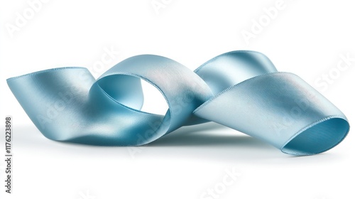 Soft Blue Satin Ribbon Twisted Elegantly on White Background for Gift Wrapping, Crafting Projects, and Decorative Use in Celebrations and Events photo