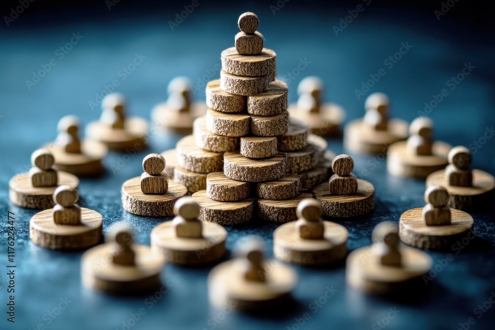 Fototapeta premium Abstract Concept of Leadership and Teamwork Represented by Wooden Figures and Stacked Discs on a Blue Surface