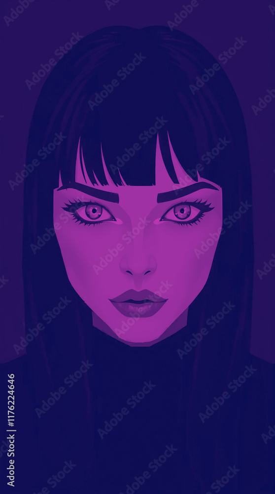 Behold a digital masterpiece featuring a striking woman with intense eyes, full lips, and luscious black locks. A modern graphic style. Behold a digital masterpiece featuring a striking woman with intense eyes, full lips, and luscious black locks. A modern graphic style.