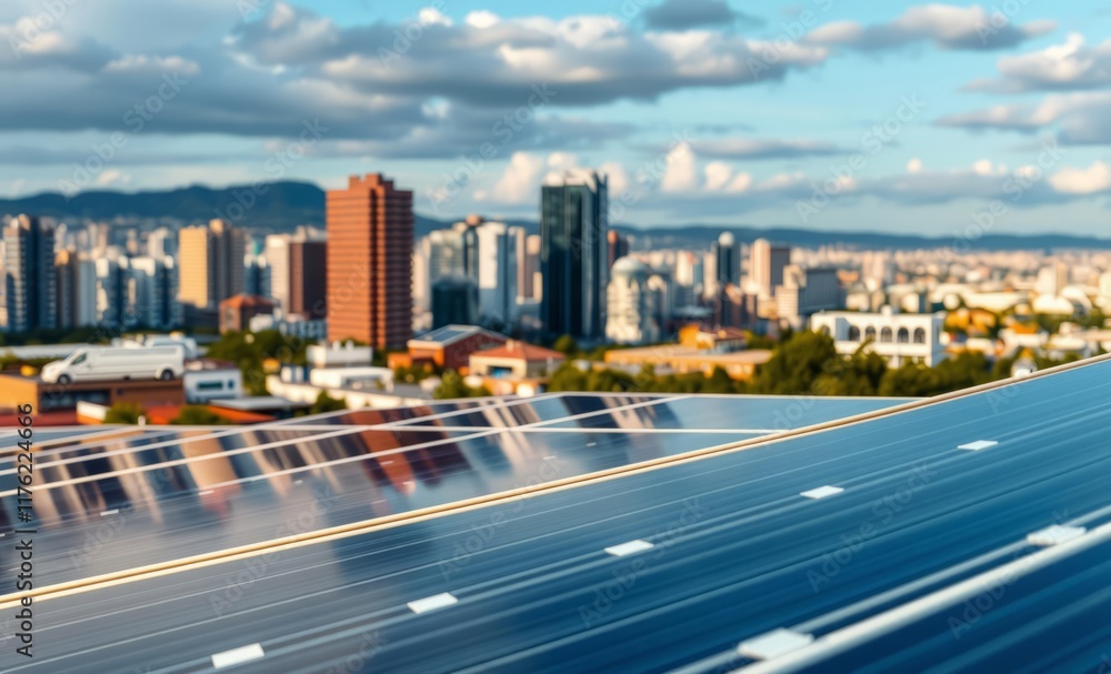 Naklejka premium cityscape, solar panels, modern skyscrapers, urban landscape, blue sky, fluffy clouds, waterfront, coastal city, renewable energy, sustainable architecture, sun-drenched, reflective buildings, clean e