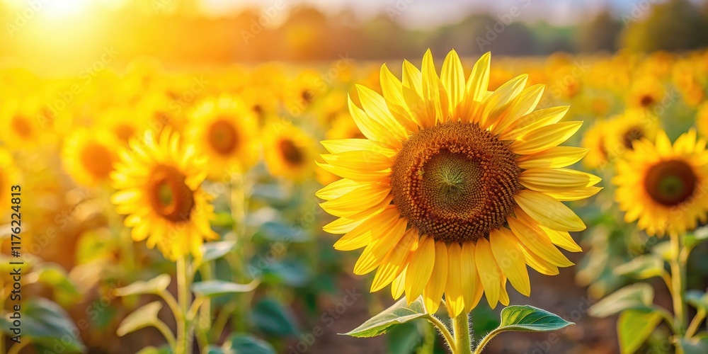 Fototapeta premium Bright yellow sunflower fields on a warm sunny day with blurred background
