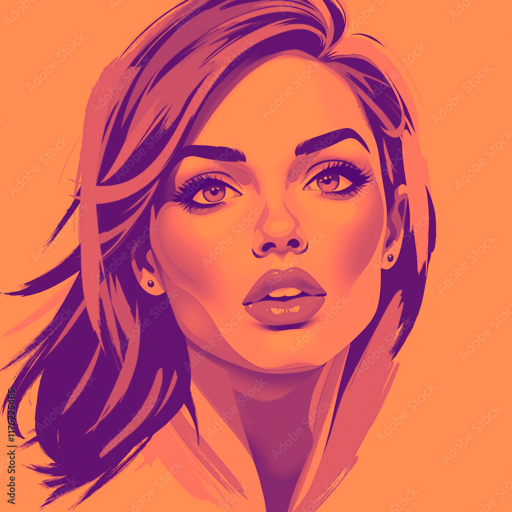 Stylized digital illustration of a woman with striking features, including bold, vibrant colors tones. Dynamic strokes depict her hair in shades. Modern graphic. Stylized digital illustration of a woman with striking features, including bold, vibrant colors tones. Dynamic strokes depict her hair in shades. Modern graphic.