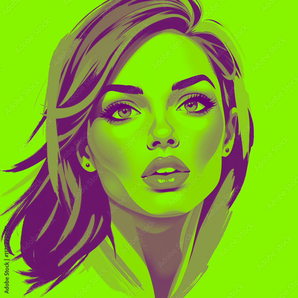 Stylized digital illustration of a woman with striking features, including bold, vibrant colors tones. Dynamic strokes depict her hair in shades. Modern graphic. Stylized digital illustration of a woman with striking features, including bold, vibrant colors tones. Dynamic strokes depict her hair in shades. Modern graphic.