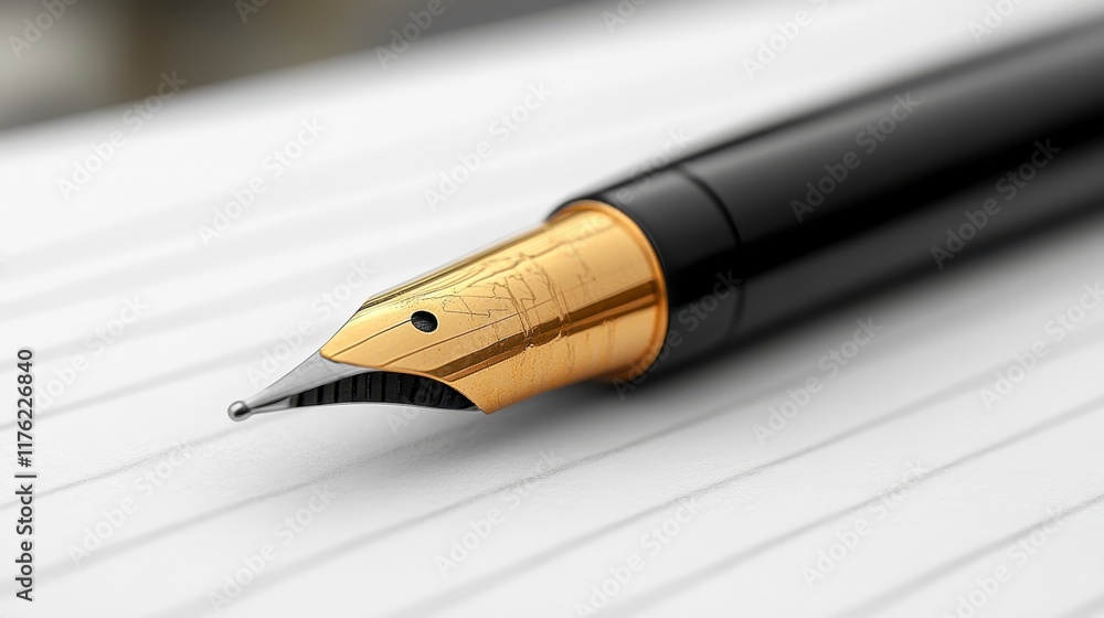 Close-up of elegant black fountain pen on lined paper. Close-up of elegant black fountain pen on lined paper.