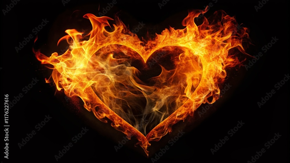 Fototapeta premium Fiery Heart Silhouette: Burning Passion, Isolated Black Background - Stock Photo