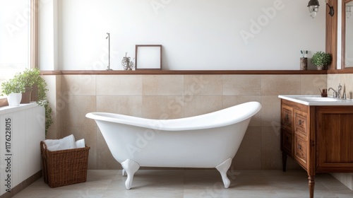 Elegant bathroom featuring a vintage bathtub and wooden furniture.