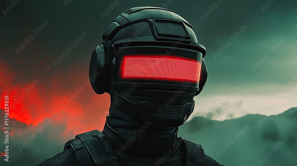 A futuristic figure in a helmet with glowing red eyes stands against a dark, smoky backdrop, suggesting a sci-fi or dystopian theme. A futuristic figure in a helmet with glowing red eyes stands against a dark, smoky backdrop, suggesting a sci-fi or dystopian theme.