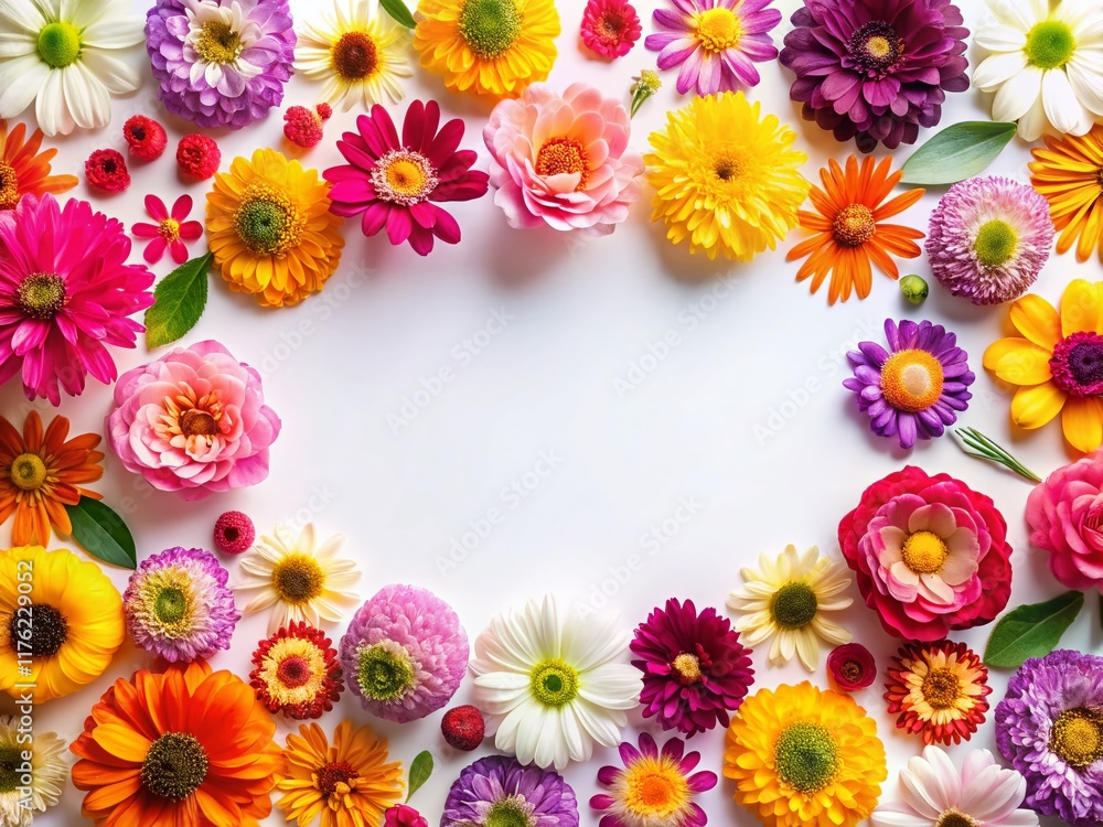 Floral Frame Flat Lay: Beautiful Flower Composition on White Background with Copy Space for Text Floral Frame Flat Lay: Beautiful Flower Composition on White Background with Copy Space for Text