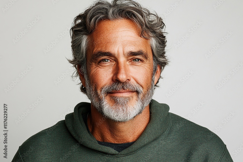 A smiling man with gray hair and a beard wearing a green hoodie against a neutral background. A smiling man with gray hair and a beard wearing a green hoodie against a neutral background.