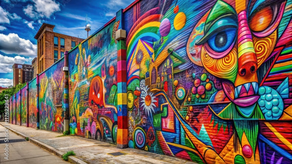 Fototapeta premium Street art on a city wall with vibrant colors and abstract shapes