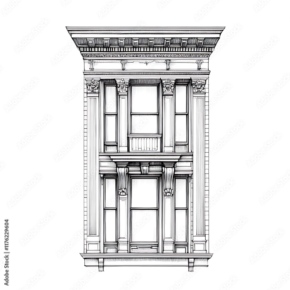 Detailed Line Drawing of an Ornate Building Facade with Columns and Windows. Detailed Line Drawing of an Ornate Building Facade with Columns and Windows.