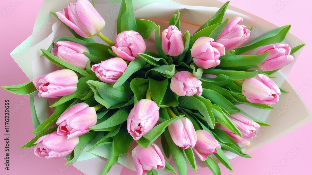 Exquisite Spring Flower Arrangement: A Pink Tulip Bouquet with a Pastel Pink Background for Festive Occasions Exquisite Spring Flower Arrangement: A Pink Tulip Bouquet with a Pastel Pink Background for Festive Occasions