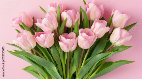 Exquisite Spring Flower Arrangement: A Pink Tulip Bouquet with a Pastel Pink Background for Festive Occasions
