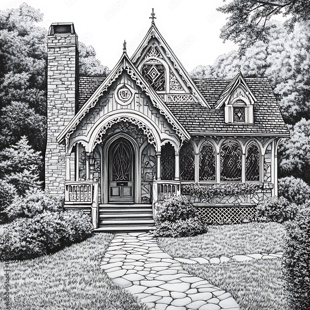 Obraz premium Black and White Illustration of a Quaint Gothic Cottage with Stone Walkway.