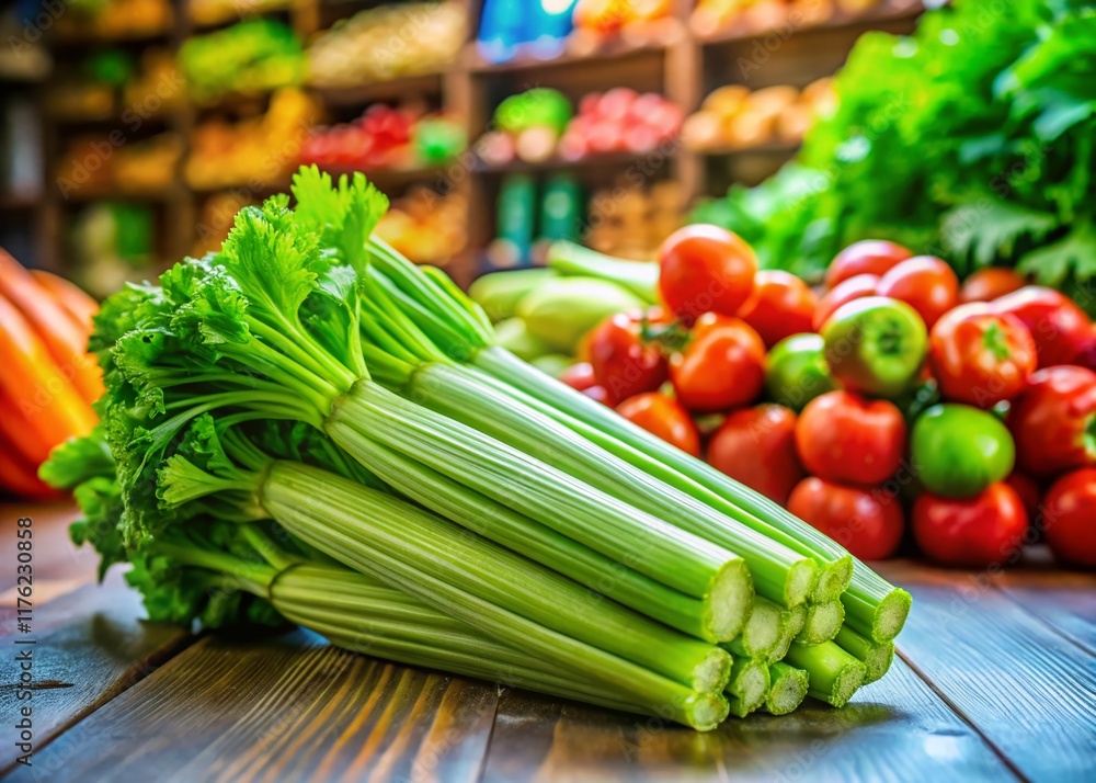 Fresh Organic Celery on Wooden Table at Grocery Store with Assorted Produce Fresh Organic Celery on Wooden Table at Grocery Store with Assorted Produce