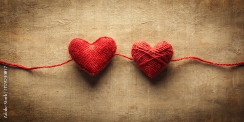 Two red hearts connected by a thread, intertwined and inseparable