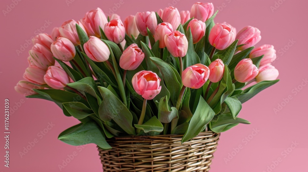 Obraz premium Exquisite Spring Flower Arrangement: A Pink Tulip Bouquet with a Pastel Pink Background for Festive Occasions