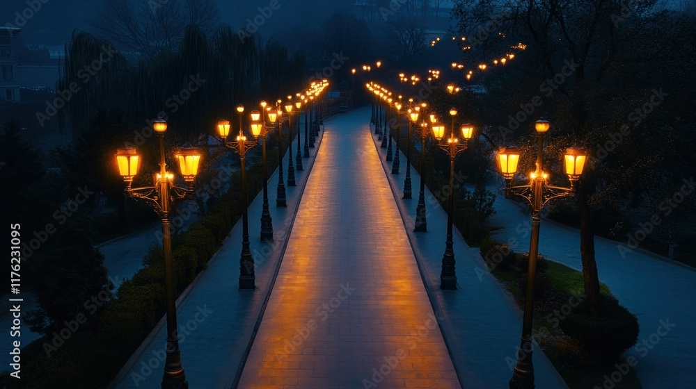 Illuminated Wooden Pathway Stretching Across a Tranquil Lake Surrounded by Nature at Dusk or Night Romantic and Peaceful Landscape Scene with Glowing Lanterns Reflecting in the Water Illuminated Wooden Pathway Stretching Across a Tranquil Lake Surrounded by Nature at Dusk or Night Romantic and Peaceful Landscape Scene with Glowing Lanterns Reflecting in the Water