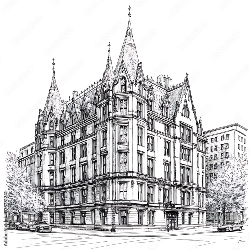 Ink Drawing of an Elegant Corner Building with Gothic Architectural Details. Ink Drawing of an Elegant Corner Building with Gothic Architectural Details.
