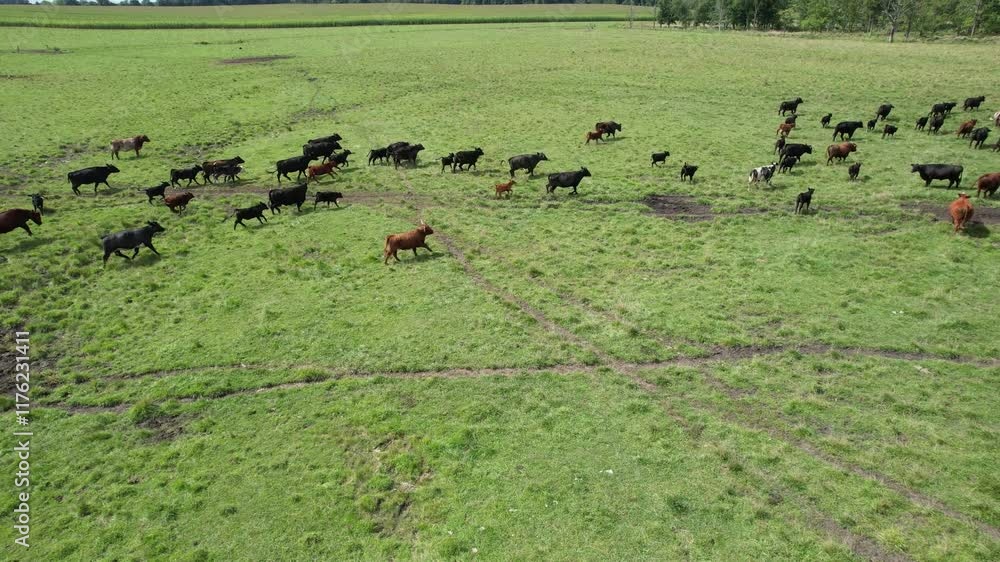 Aerial drone shot of cows grazing on pasture, landscape rural scene clouds and blue sky, in Michigan Aerial drone shot of cows grazing on pasture, landscape rural scene clouds and blue sky, in Michigan