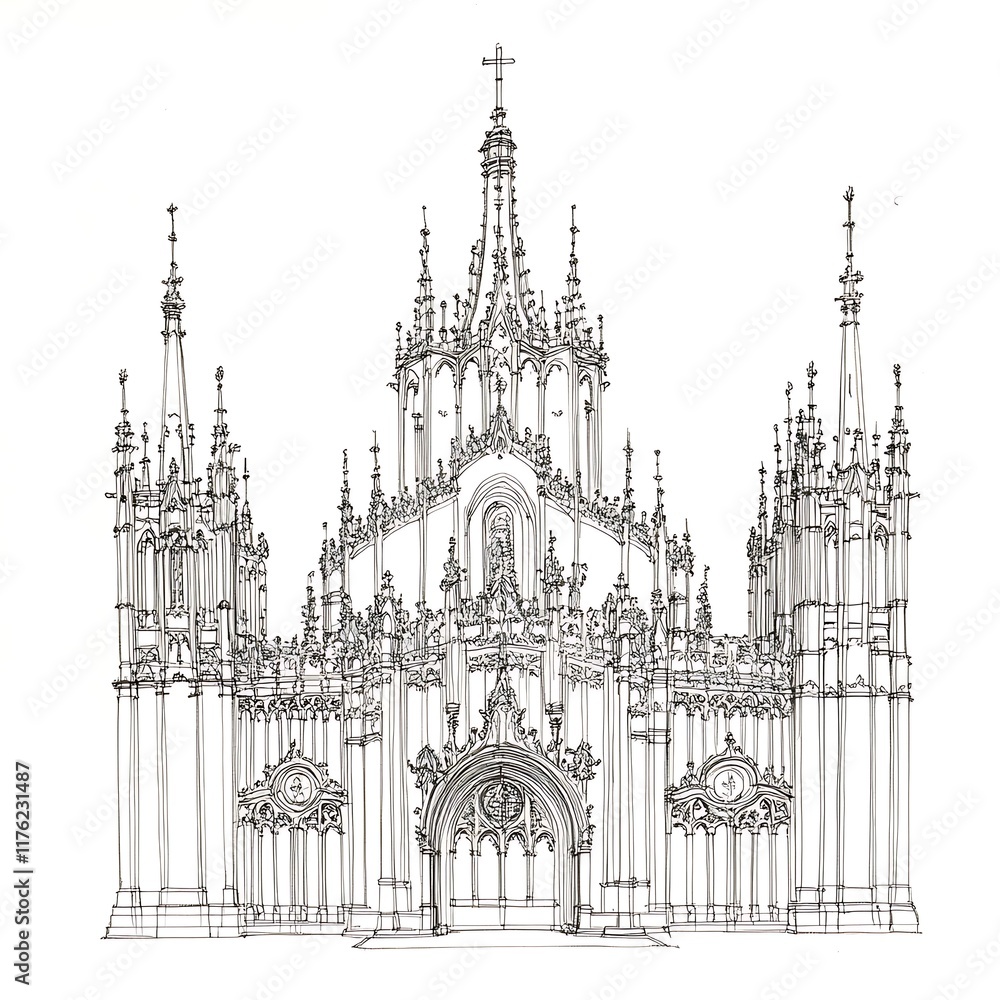 Fototapeta premium Line Drawing of an Ornate Gothic Cathedral Facade.