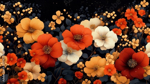 Vibrant red, orange, and white flowers with gold accents on a dark background, creating a lush floral arrangement.