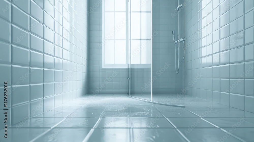 A bathroom with a shower and a window A bathroom with a shower and a window