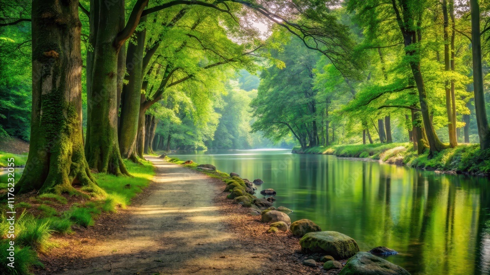 A serene forest path lined with tall trees and vibrant greenery leading to a tranquil riverbank with a few stones scattered around the water's edge, trail, water A serene forest path lined with tall trees and vibrant greenery leading to a tranquil riverbank with a few stones scattered around the water's edge, trail, water