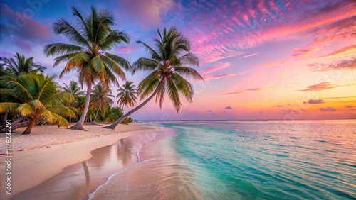 A serene pink beach at sunset with palm trees swaying gently in the breeze, surrounded by crystal clear turquoise waters and white sandy shore , island getaway, turquoise waters