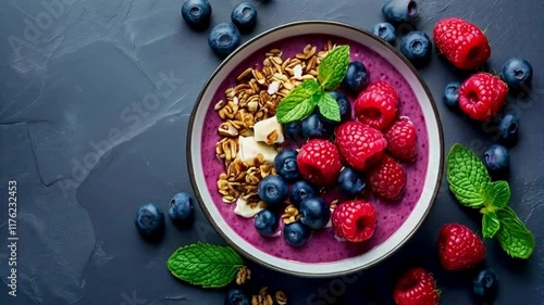 A smoothie bowl topped with fresh raspberries, blueberries, granola, and a dollop of yogurt. A healthy and delicious breakfast