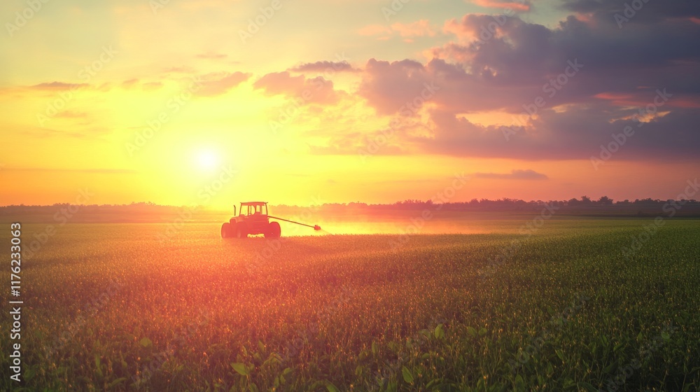 Fototapeta premium Tractor spraying pesticides fertilizer on soybean crops farm field in spring evening. - ai