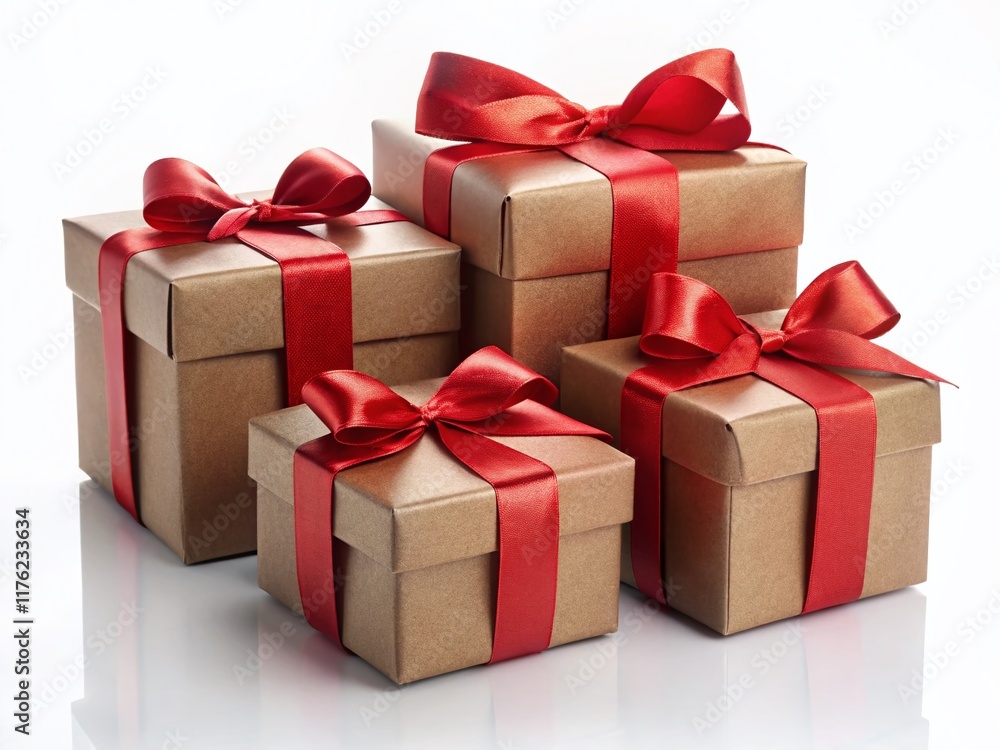 Obraz premium Gift Boxes on White Background: Red & Brown Packaging for Presents