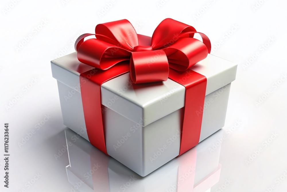 Obraz premium Gift Box, White Box, Red Bow, Present, Minimalist 3D Render